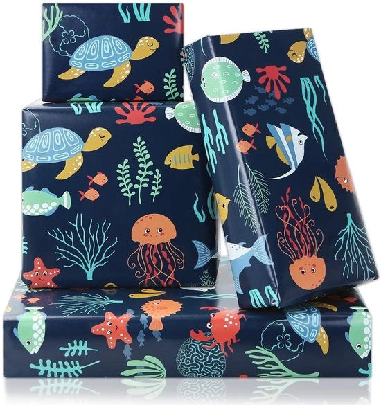 Papier da parati con motivi marini - 4 fogli - 50 x 70 cm - Adatto per compleanni/festa per bambini - Leggero ma resistente - Ideale per progetti di artigianato - Carta da regalo