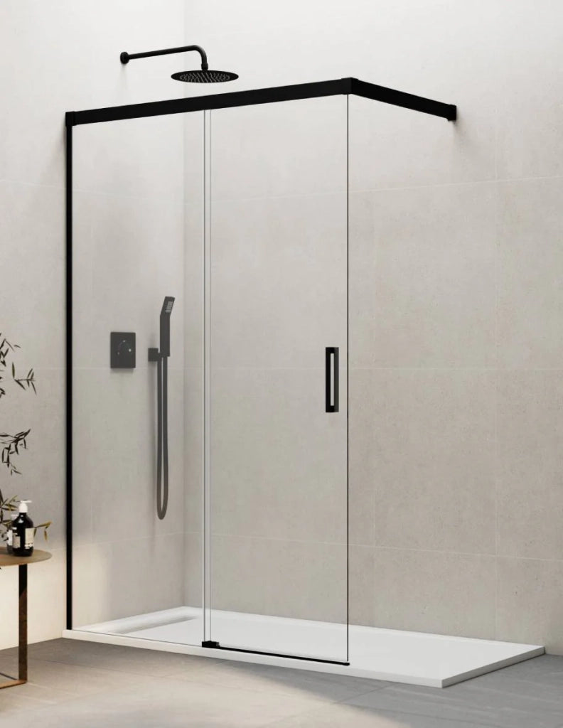 Porta doccia scorrevole 1+1 THALASSA (BASIC) walk-in 130 cm Profilo Nero vetro trasparente