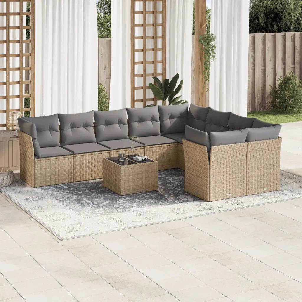 Set Divano da Giardino 10 pz con Cuscini Beige in Polyrattan