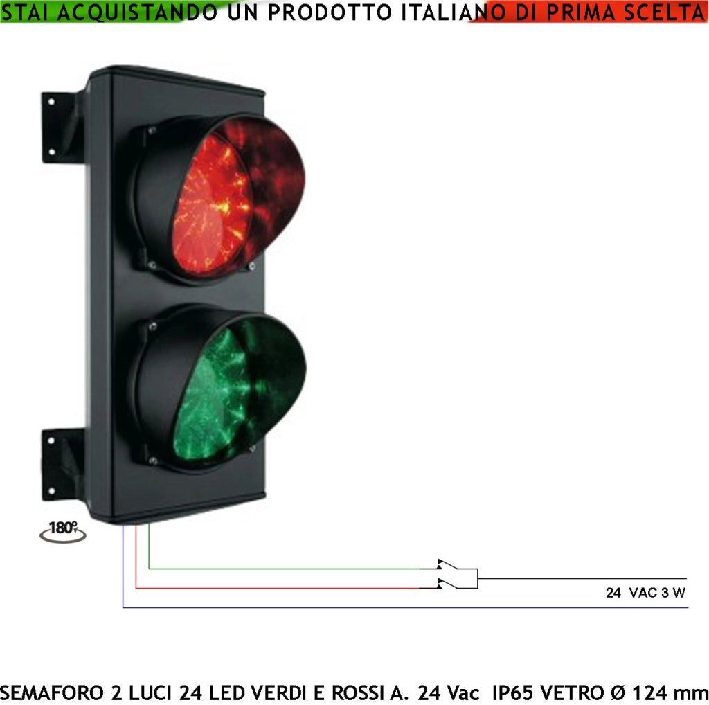 Semaforo 2 Luci Led Schede 24 Led Rossi e 24 Led Verdi Alimentazione 24 Vac 3 W Vetri Effetto Lente Ø 124 mm Luce Puntiforme Corpo Alluminio da Parete IP65 Orientabile Orizzontale 180 Gradi Ricambio