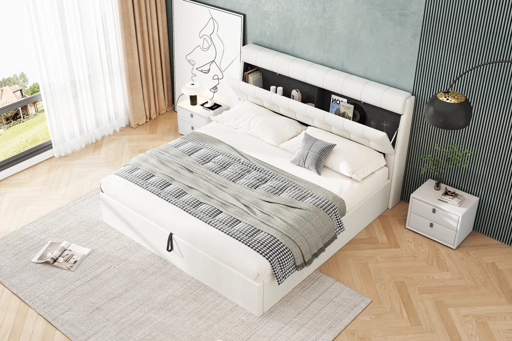 Letto imbottito 160x200 in PU bianco con contenitore idraulico e rete a doghe