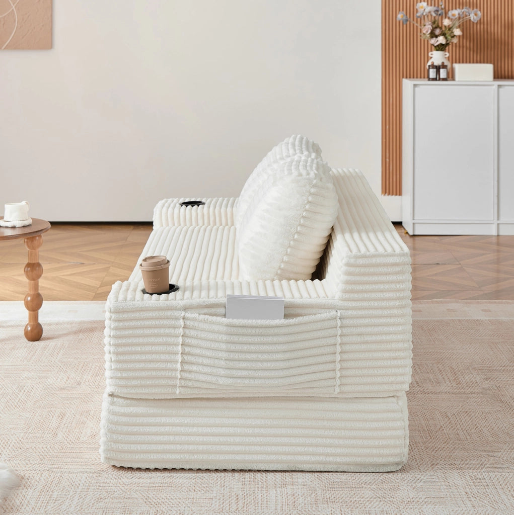 Divano letto 2-in-1 in tessuto di velluto a coste con portabicchieri e tasche laterali