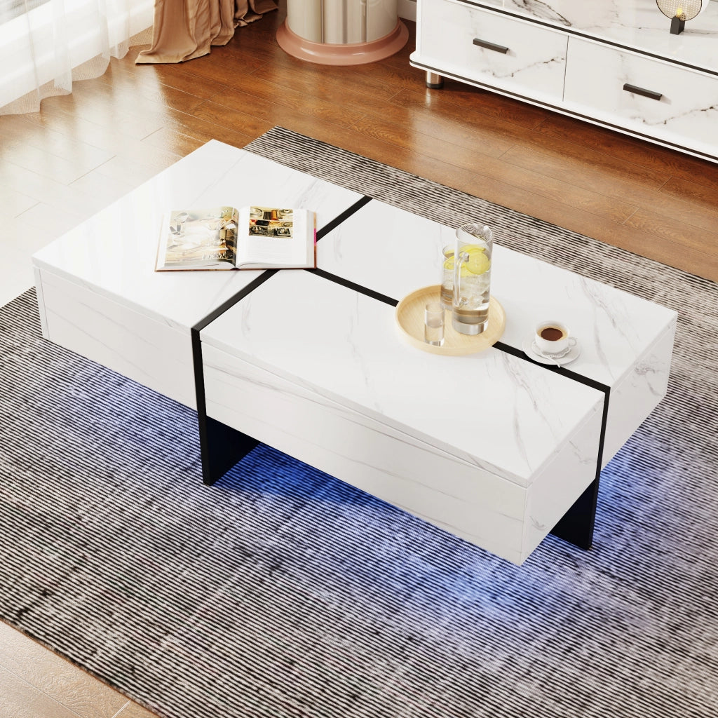Tavolino da Caffè con 3 Cassetti Push-Open e LED Controllato via App; Effetto Marmo Lucido; 100×50×34;5 cm; Bianco