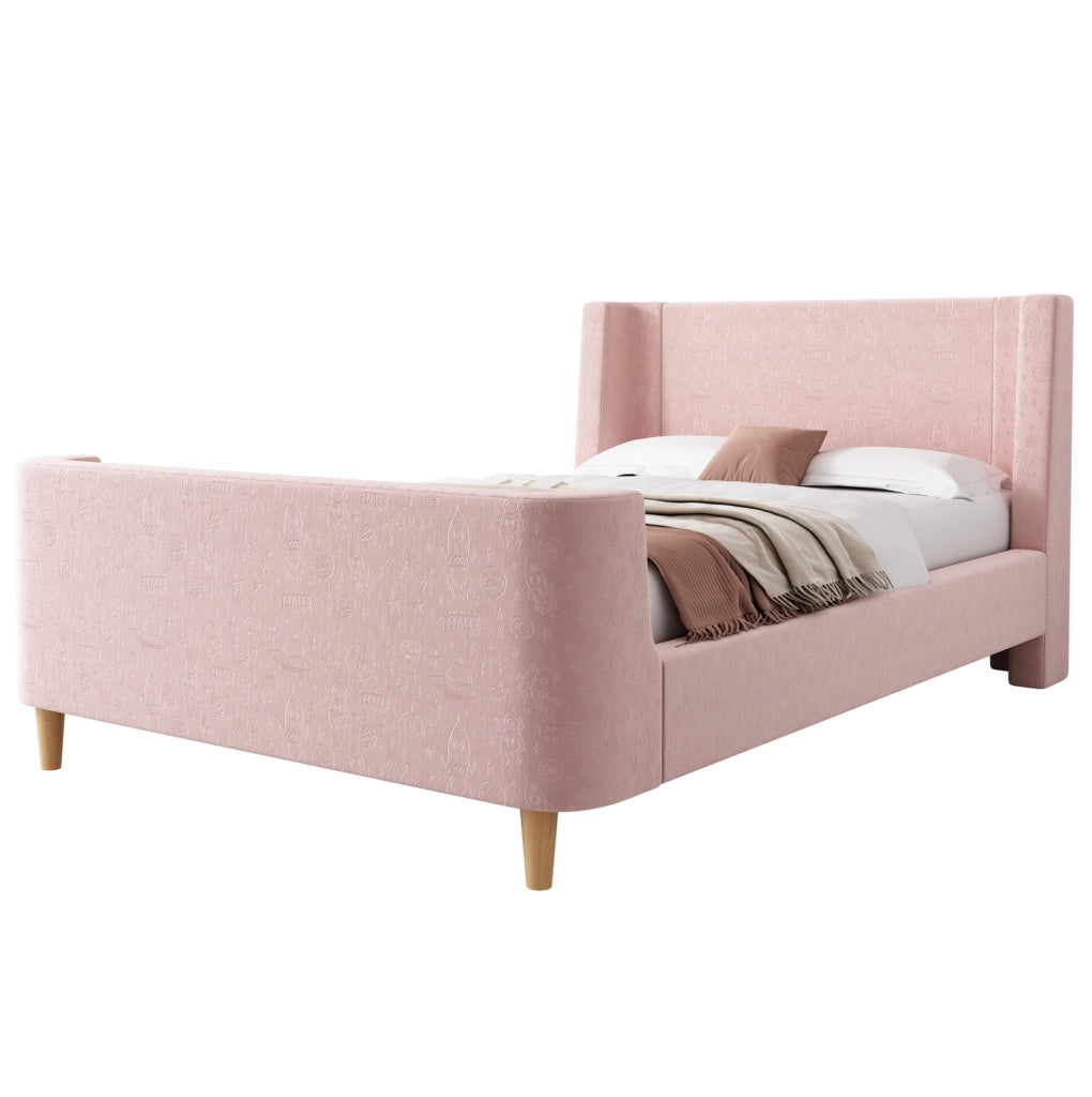 Letto singolo a slitta 90x200 cm in velluto rosa con motivo spaziale; per cameretta bambini