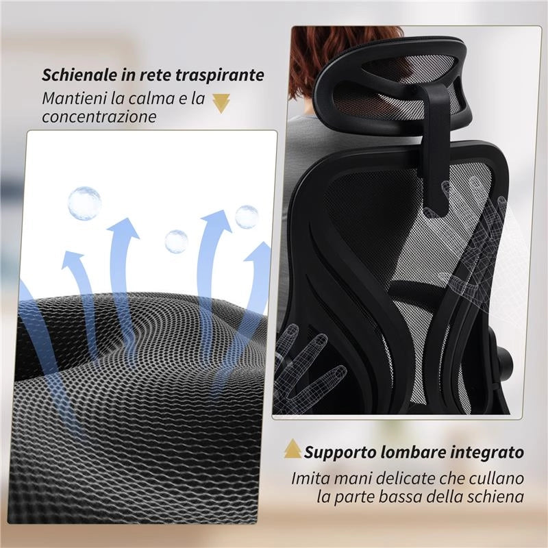 SEDIA DA UFFICIO ERGONOMICA CON BRACCIOLI RIBALTABILI, SUPPORTO LOMBARE E POGGIATESTA REGOLABILE, NERO