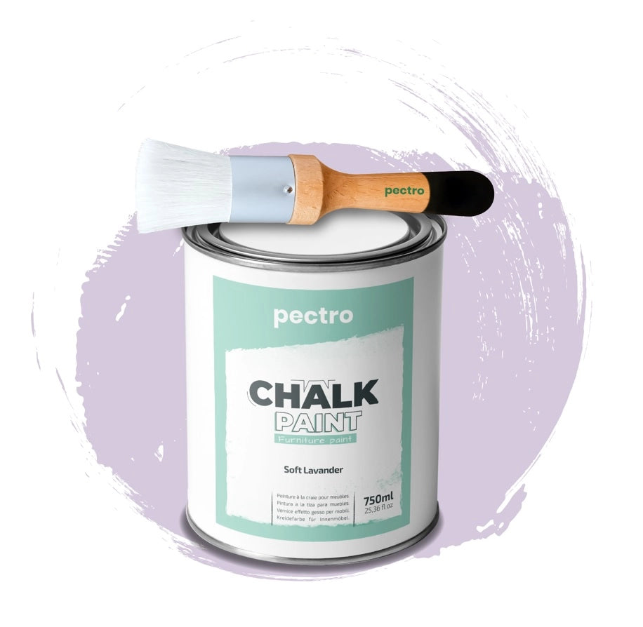 Chalk Paint Vernice a Gesso 750ml + Pennello Tondo in Legno Pack LAVANDA TENUE - Pittura per Mobili Senza Carteggiare