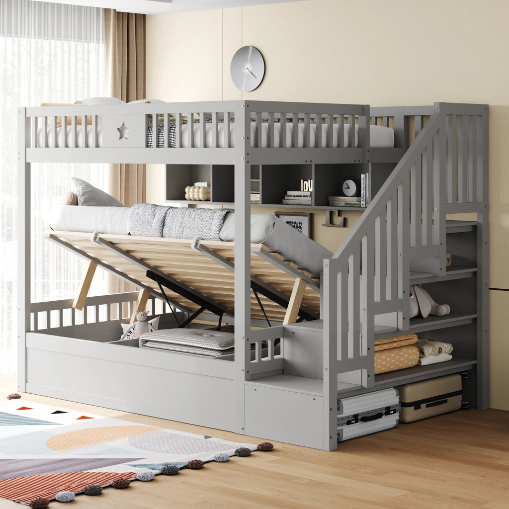 Letto a Castello 140×200 cm; Letto Matrimoniale con Contenitore Idraulico; Scala Contenitore e Mensole; senza Materasso