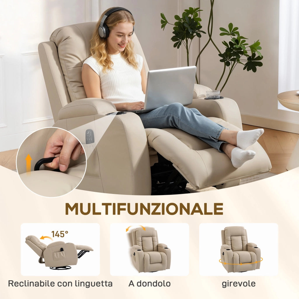 Poltrona Reclinabile Massaggiante e Riscaldata 8 Punti Massaggio e 3 Modalità con Telecomando in Pelle PU Crema