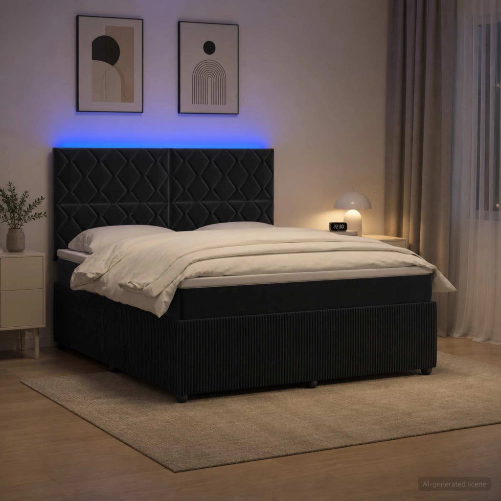 Letto Box Spring LED con Materasso Nero 160 x 200 cm Velluto 3456109