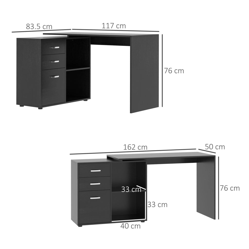 Scrivania Angolare per PC con 2 Cassetti e Ripiani Aperti ¨C Zephmum ¨C Legno e Metallo, Nero, 117x83.5x76 cm