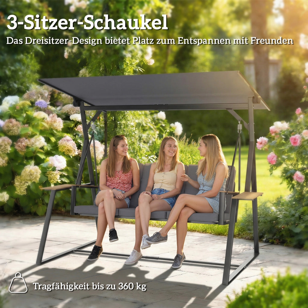 Altalena da giardino Hollywood 3 posti con tetto regolabile, cuscini e porta bevande ¨C Zephmum ¨C Grigio, 360 kg