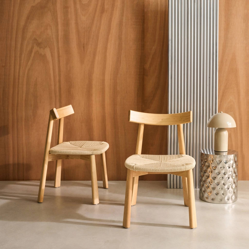 Set 2 sedie scandinave legno hevea seduta in corda, marrone naturale