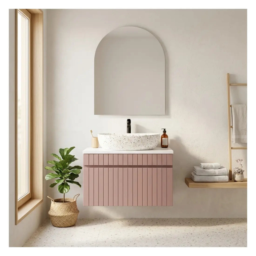 Set da bagno ICON: mobile sottolavabo 80cm rosa cipria + piano per lavabo bianco