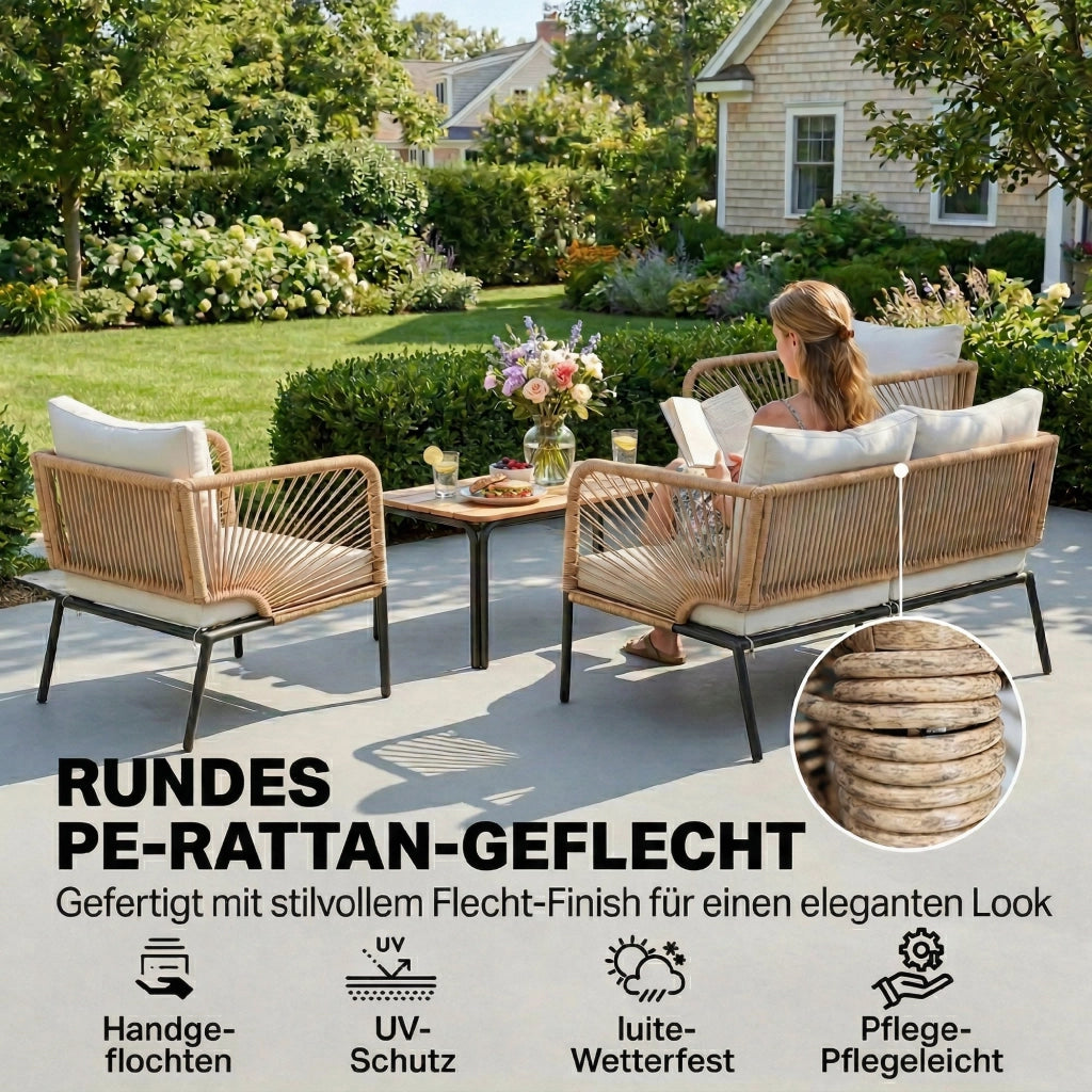 Set Giardino 4 Posti con Divano 2 Posti, 2 Poltrone e Tavolo ¨C Zephmum ¨C Grigio Polyrattan Textilene 135x85x75