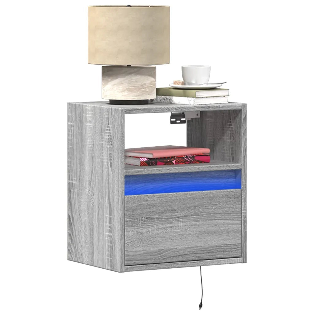 Comodini a Parete con luci LED 2 pz-Set di 2 Tavolino da notte Grigio Sonoma 680738