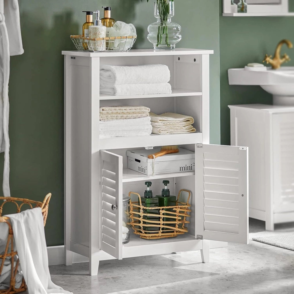 Armadio da Bagno – Mobile da Bagno Salvaspazio con Ripiani e Porte, Credenza in Legno Stretto per Corridoio e Soggiorno, Bianco, 60 x 90 x 26 cm, BZR13-W