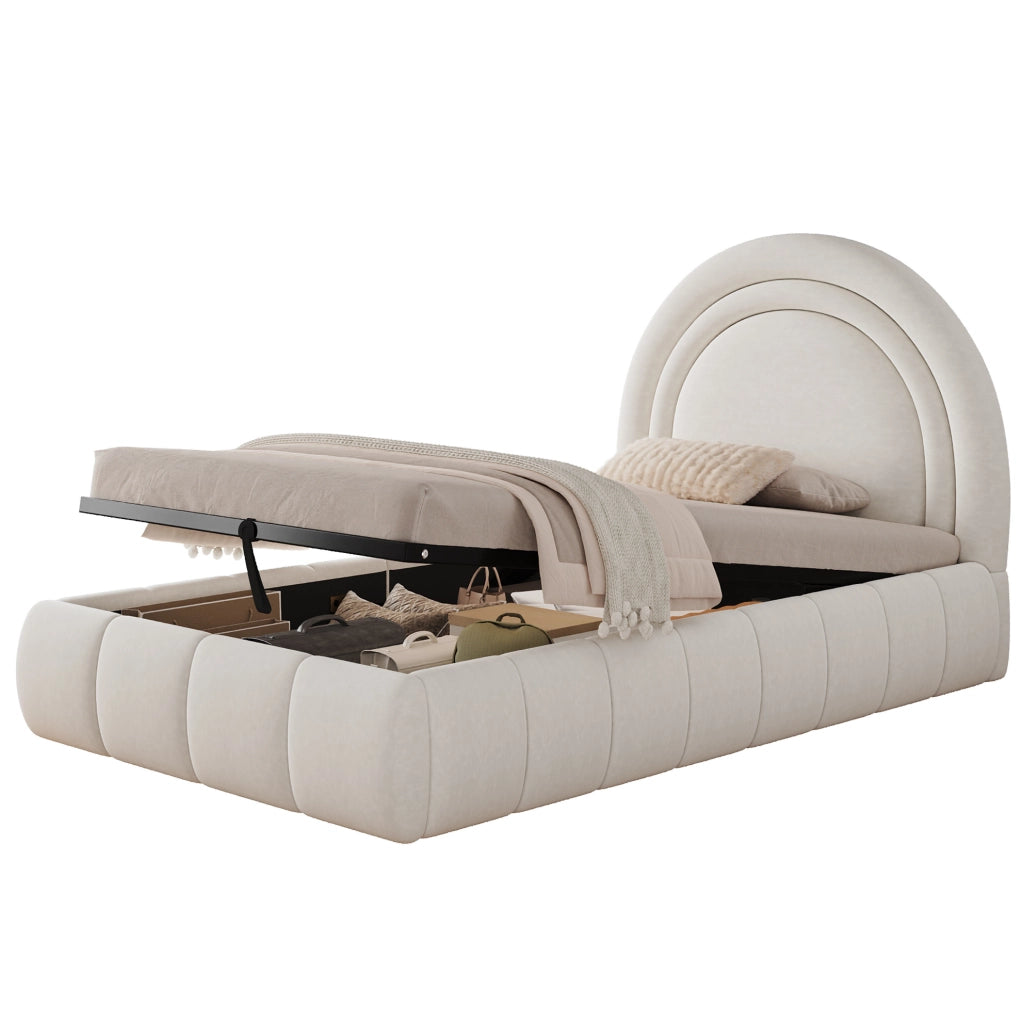 Letto singolo per bambini 90x200 cm con contenitore e rete a doghe; velluto beige