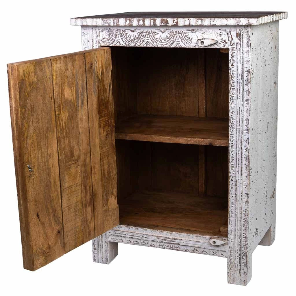 Comodino artigianale in legno con 1 anta, bianco, 53x40x73h cm