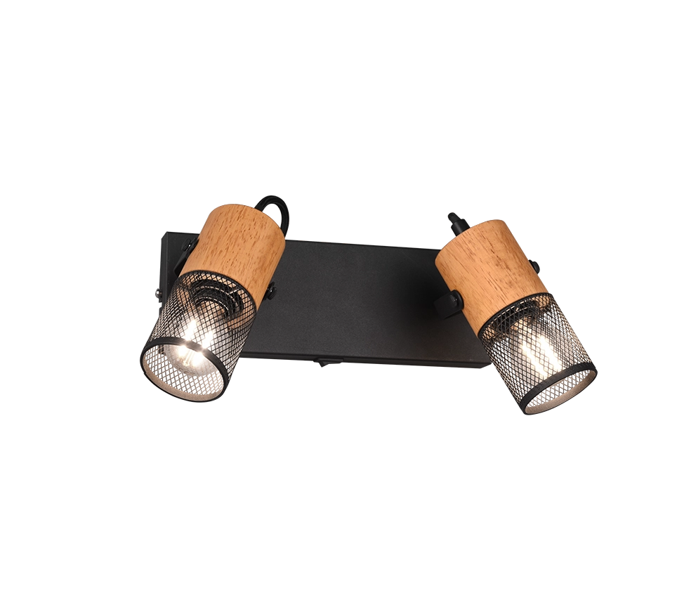 Faretto Led E27 Barra 2 Spots Cilindri Gabbia Metallo Nero e Legno Tosh GD Trio