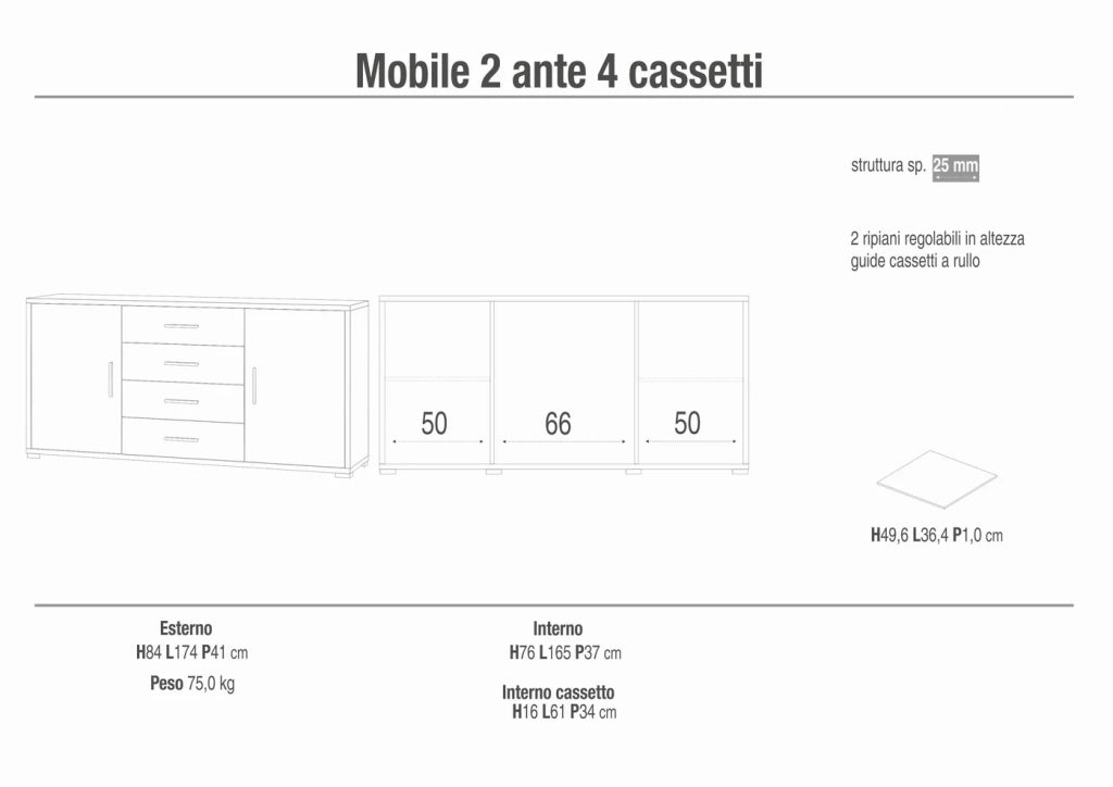 Credenza Mobile 2 ante con 4 cassetti 174x41x84H cm desing moderno in kit colore Ossido bianco e Noce Stelvio