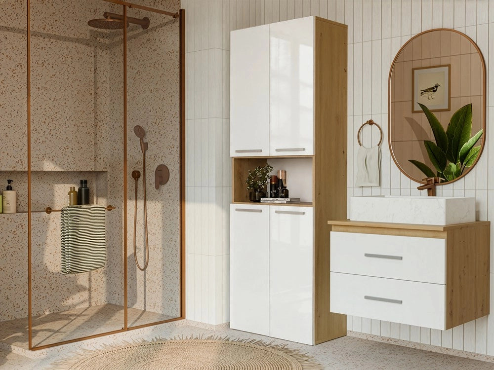 Mobile bagno NEL 1k DK scaffale colonna con koszem per bucato rovere artisan bianco lucido