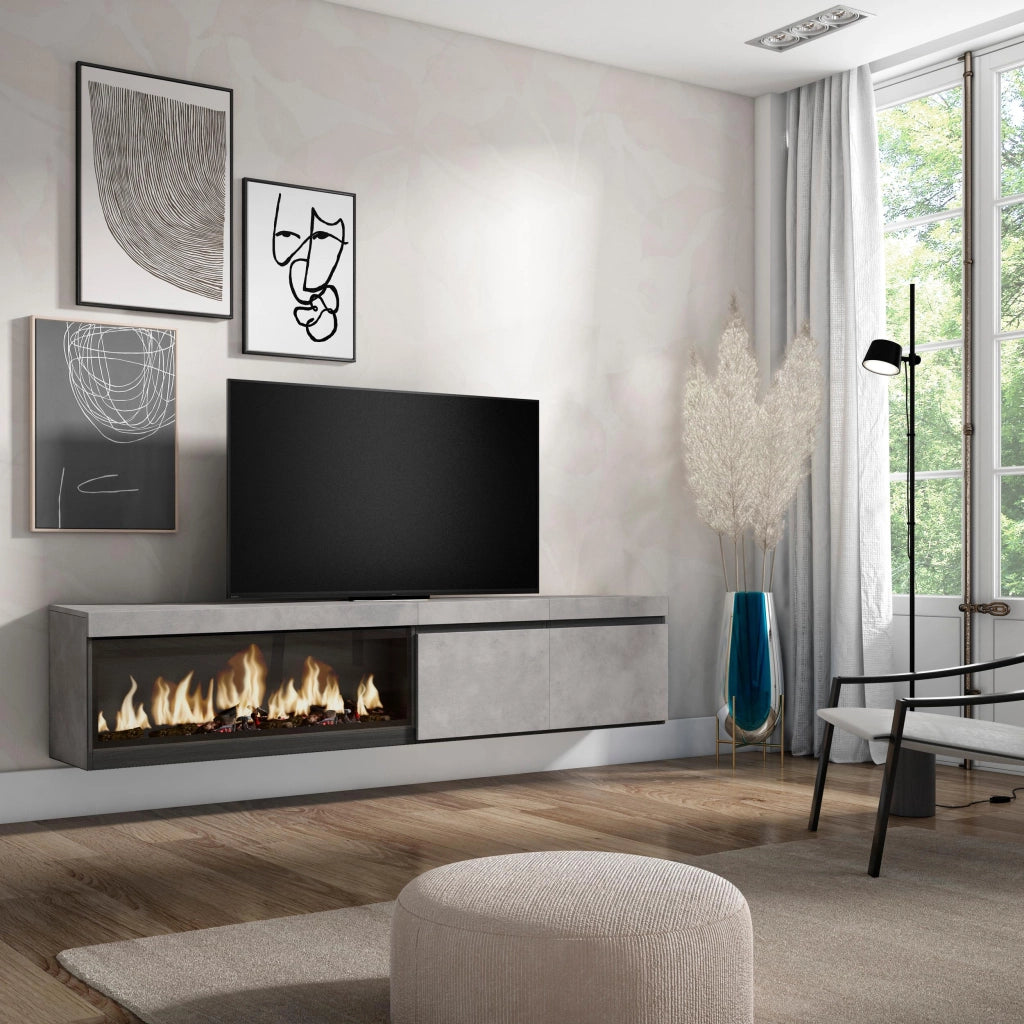 Mobile TV, Soggiorno, 208x35x45cm, Per TV fino a 80", Camino elettrico XXL, da appendere, grigio cemento RF3206