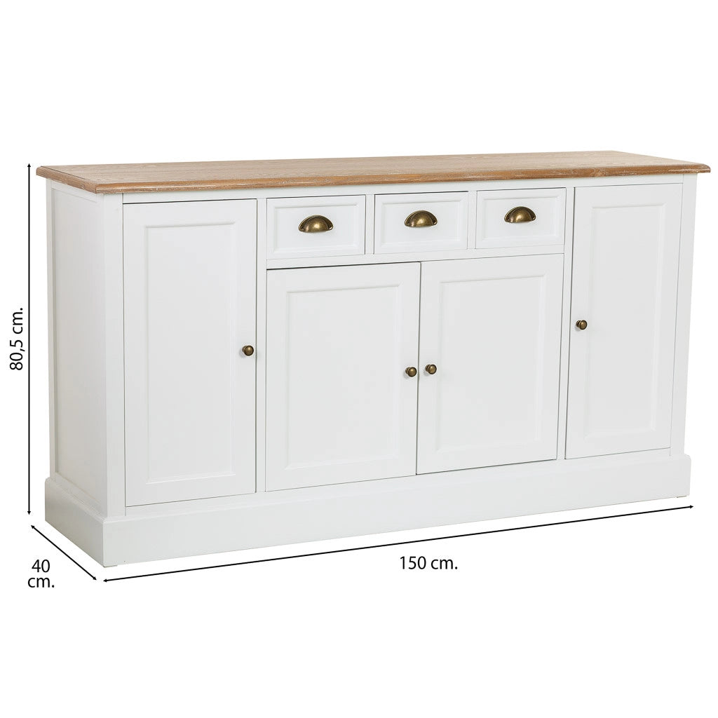 Credenza in legno bianco con 4 cassetti e 4 ante, 150x40x80,5h cm