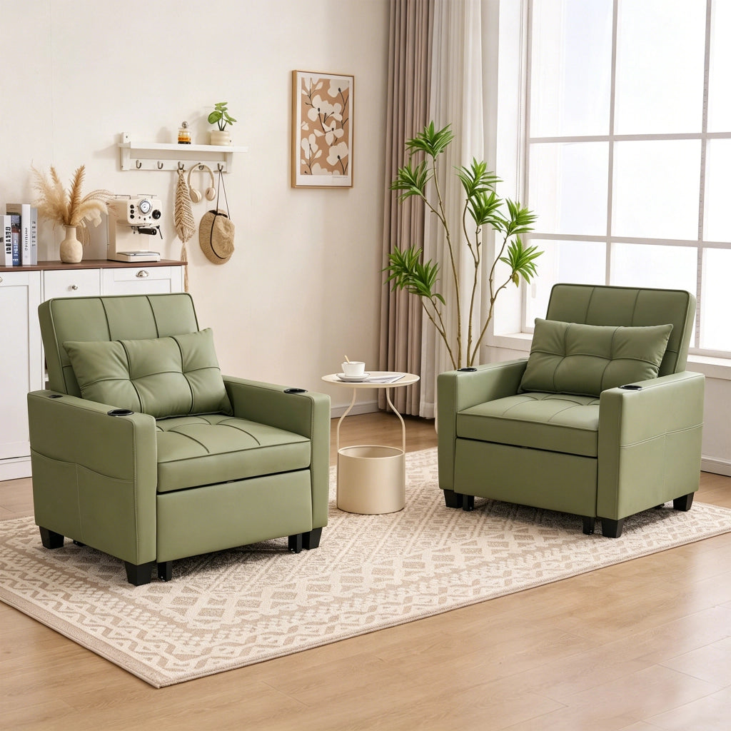 Poltrona letto convertibile 3 in 1 con funzione letto, tasca laterale e portabicchieri, in legno e metallo, avocado