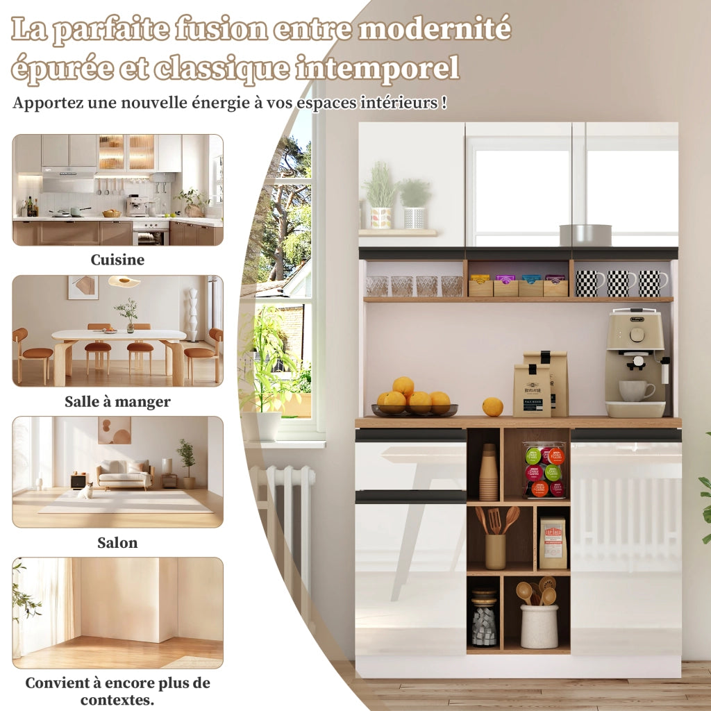 Credenza da Cucina Alta con 2 Ante; 1 Cassetto; Vani Aperti e Ripiani Regolabili; in MDF; 105x45x185 cm; Bianco