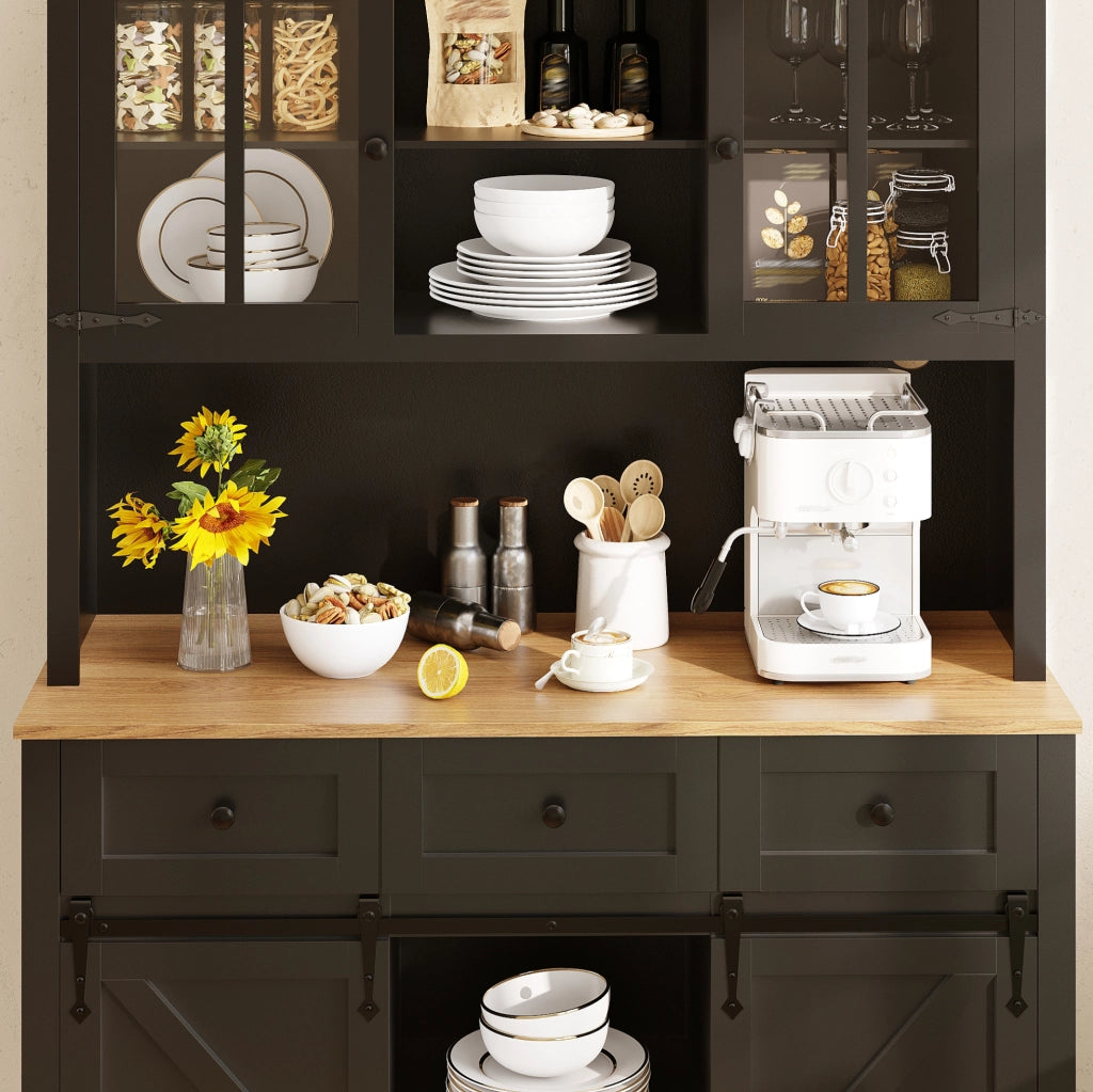 Credenza alta con LED, ante in vetro e ripiani regolabili, nera, 105×38,4×180 cm