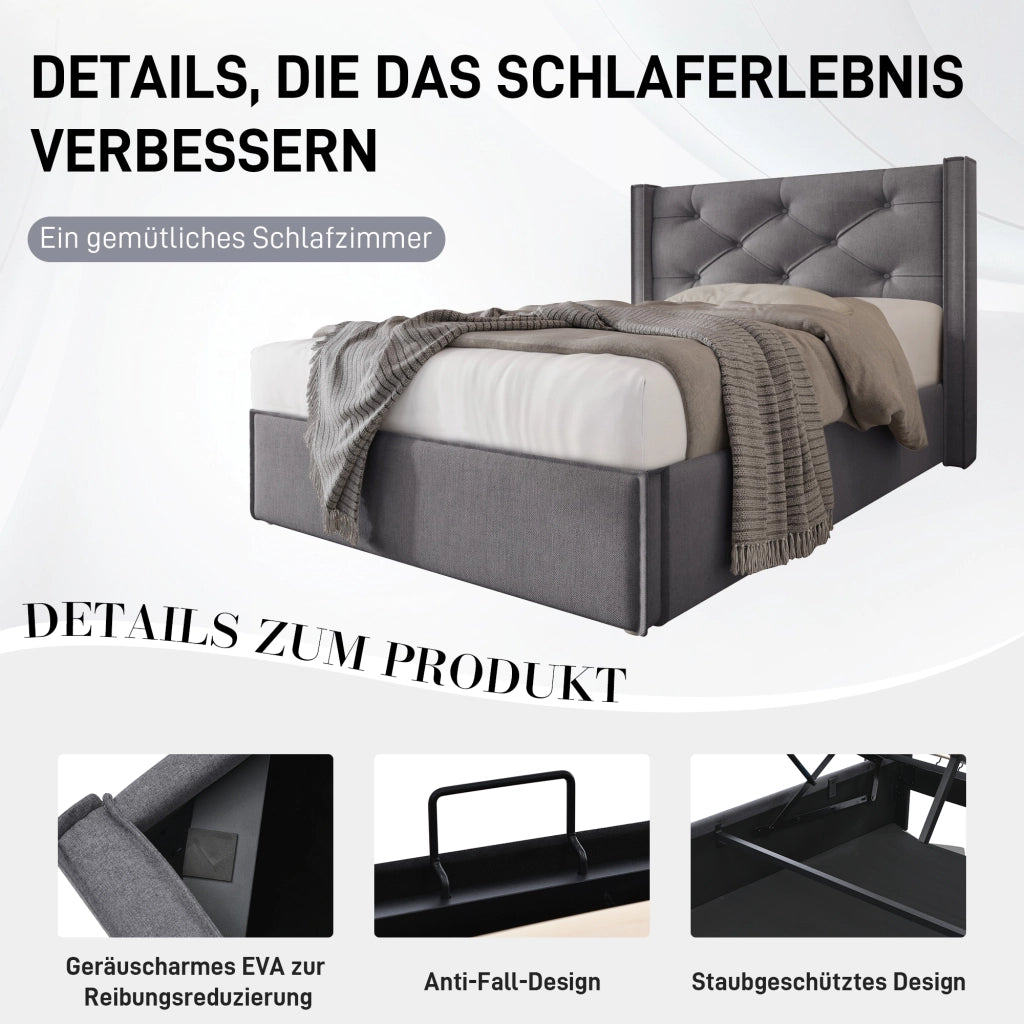 DESMIU Letto contenitore 90 × 200 cm singolo con vano contenitore sollevabile, senza materasso, cotone grigio