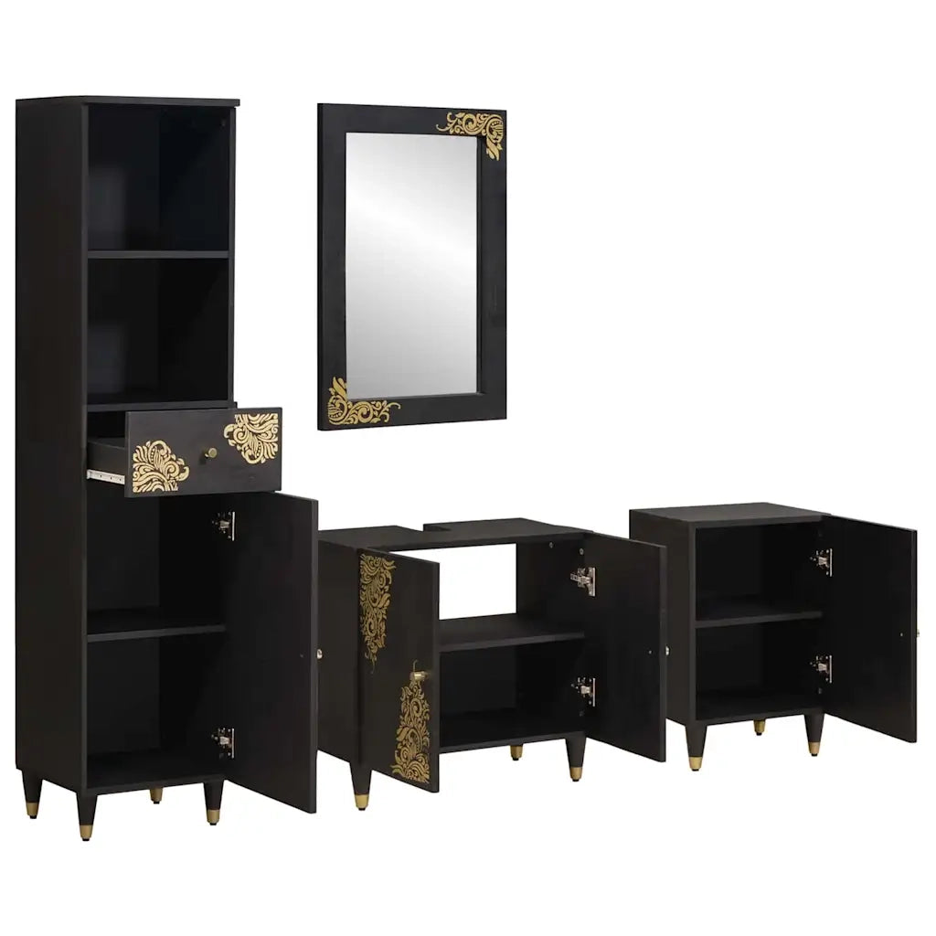 Set di Armadi da Bagno 4 pcs Nero Legno di mango massello