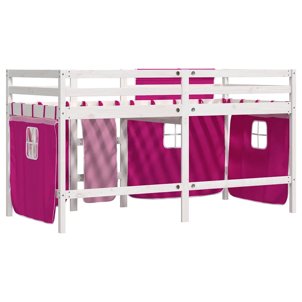 Letto a Soppalco con Tende Bambini Rosa 90x190 cm Massello Pino