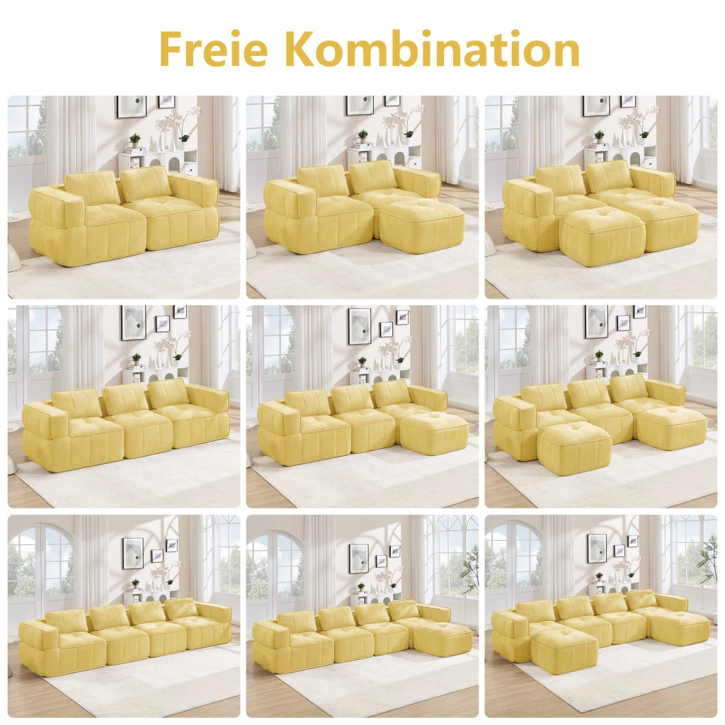 Divano modulare senza struttura con pouf, tessuto in poliestere giallo, 3 posti, seduta profonda 271 × 162 × 67 cm