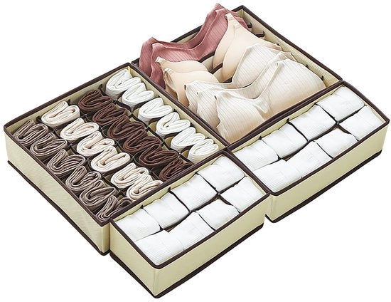 Organizzatore per abiti, divisa pieghevole, contenitore per la biancheria intima, adatto per camera da letto, armadio e cassetti (beige 4 parti, mix)