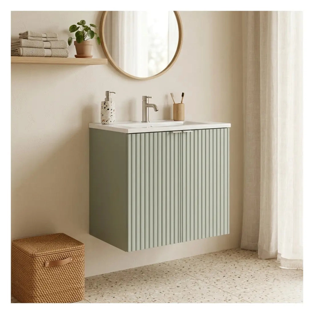 Set da bagno ELVINA 60cm: mobile sottolavabo con armadietti verde salvia grigio + lavabo incassato bianco