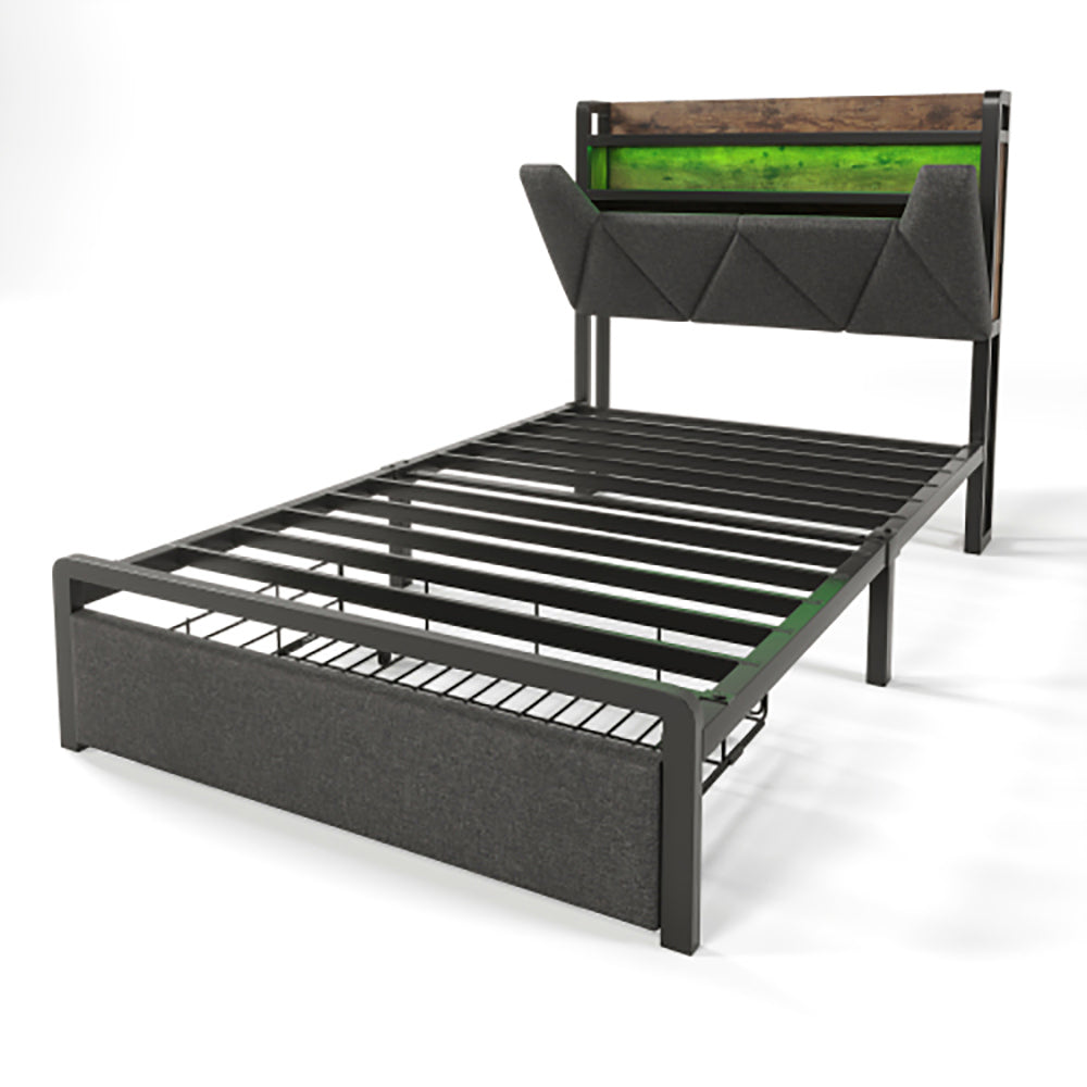 Letto singolo imbottito - Xylo - 90x200 cm - Grigio - Tiroir, USB-C, sommier in metallo