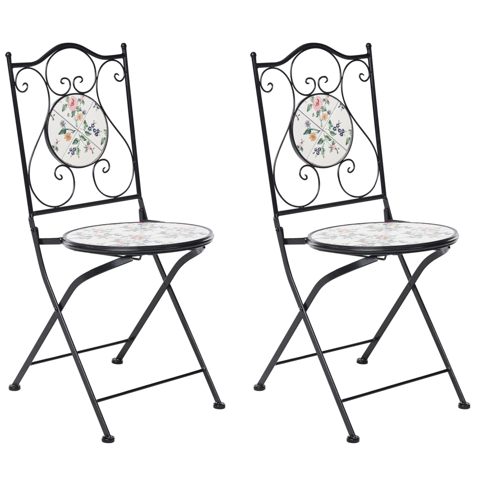 Set di 2 sedie da giardino in ferro nero con piastrelle rotonde in ceramica a mosaico stile ferro battuto pieghevoli