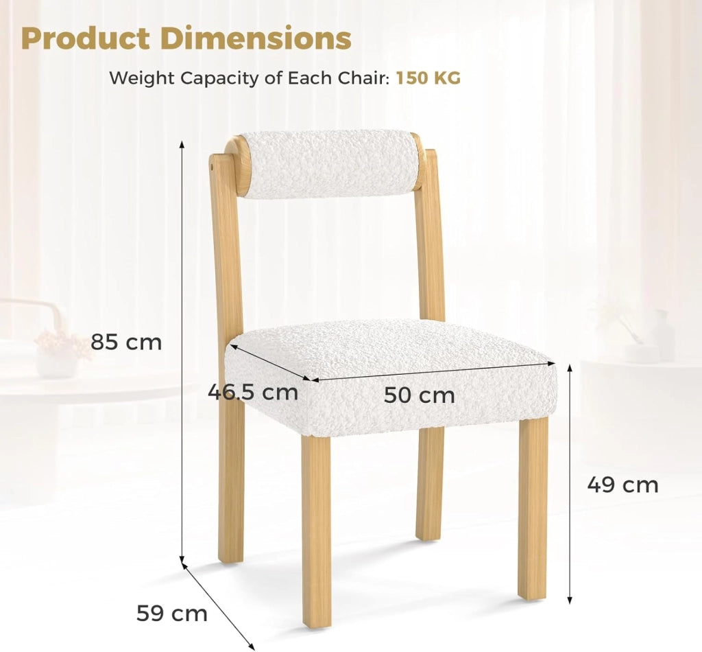 Set di 2 sedie moderne per sala da pranzo, gambe in legno massello, sedie imbottite con tessuto sherpa, carico fino a 150 kg, per cucina, caffè, naturale + bianco