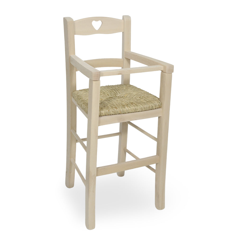 Seggiolone in legno grezzo da verniciare con seduta in paglia schienale a cuore