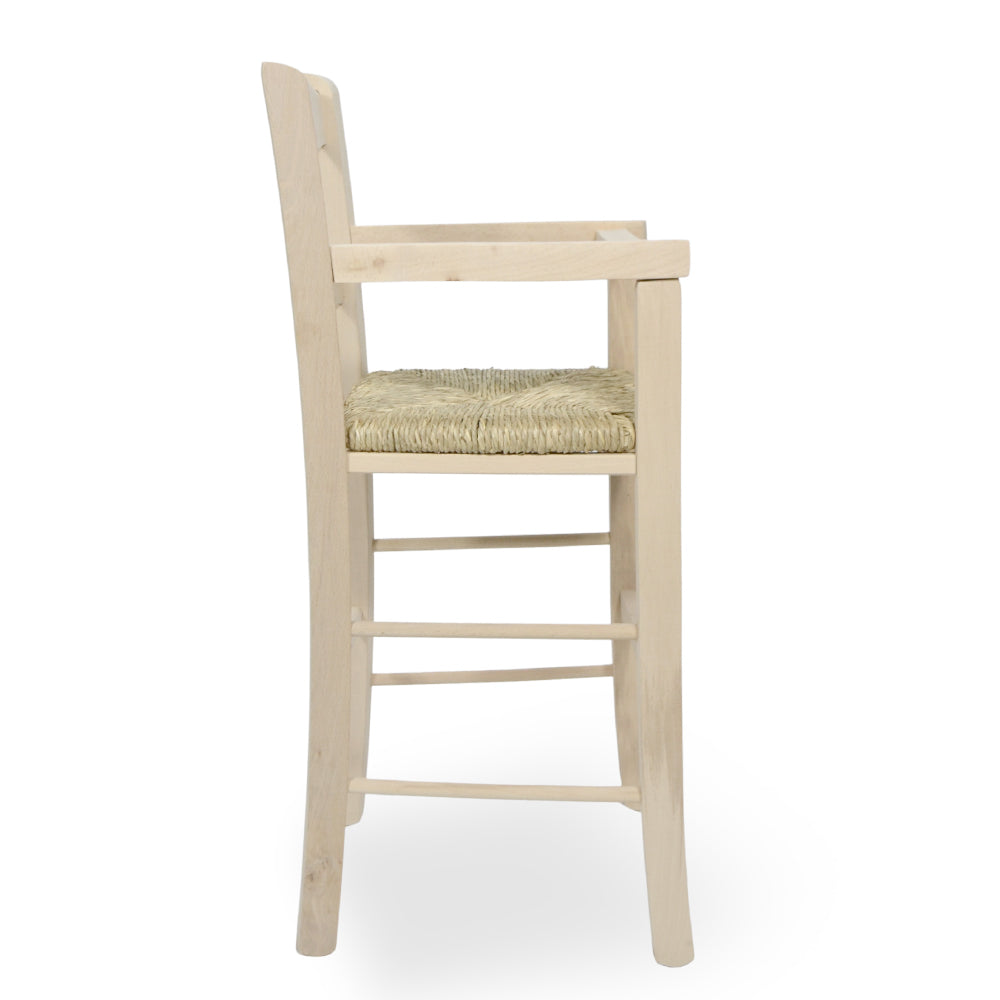 Seggiolone in legno grezzo da verniciare con seduta in paglia schienale a cuore