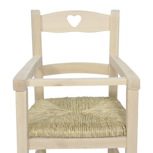 Seggiolone in legno grezzo da verniciare con seduta in paglia schienale a cuore