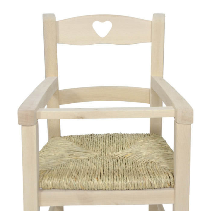 Seggiolone in legno grezzo da verniciare con seduta in paglia schienale a cuore
