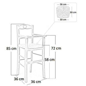 Seggiolone in legno grezzo da verniciare con seduta in paglia schienale a cuore