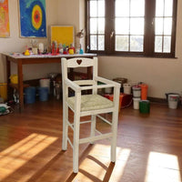 Seggiolone in legno grezzo da verniciare con seduta in paglia schienale a cuore