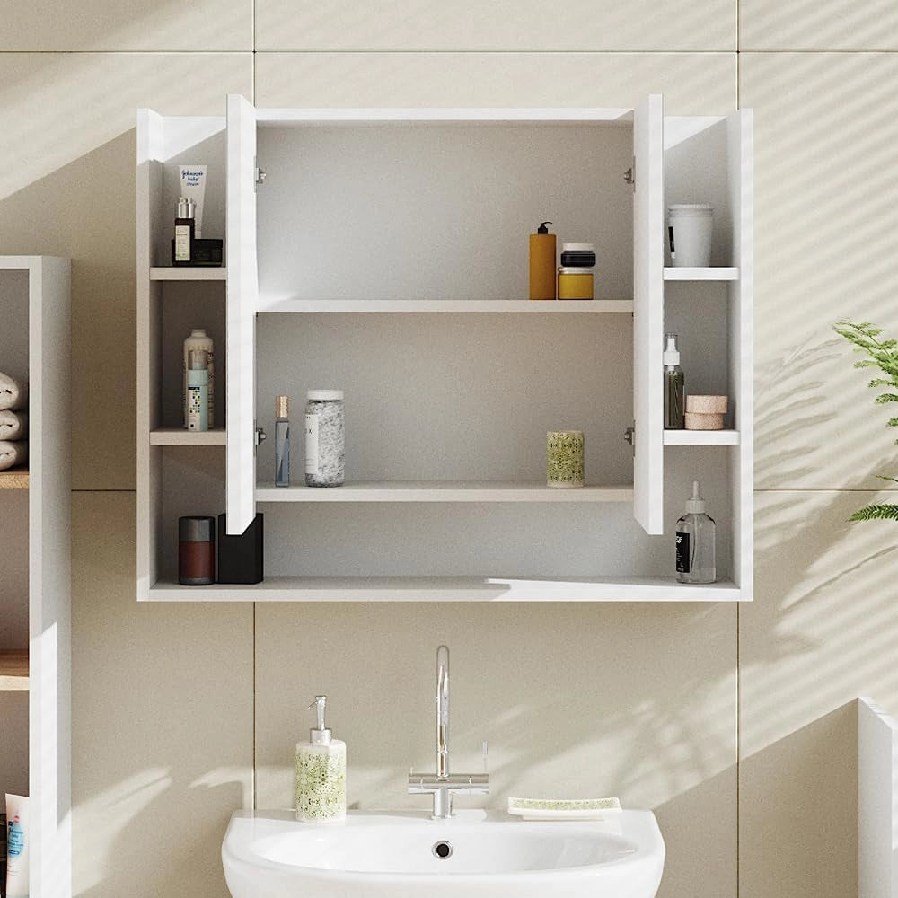 Specchio contenitore bagno Elira, Bianco, 80.2 x 64 cm, per montaggio a parete con ripiani aperti