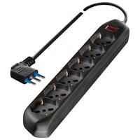 Poly Pool Presa sestupla pluristandard: italiano bivalente 10/16A 2P+T, tedesco 16A 2P+T(terra laterale), con interruttore di sicurezza, 1,5m cavo H05VV-F 3X0,75mmq con spina Salvaspazio 10A 2P+T, uscita cavo 90°, CE