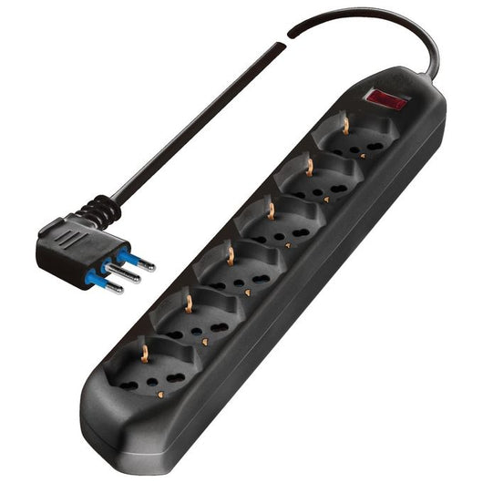 Poly Pool Presa sestupla pluristandard: italiano bivalente 10/16A 2P+T, tedesco 16A 2P+T(terra laterale), con interruttore di sicurezza, 1,5m cavo H05VV-F 3X0,75mmq con spina Salvaspazio 10A 2P+T, uscita cavo 90°, CE