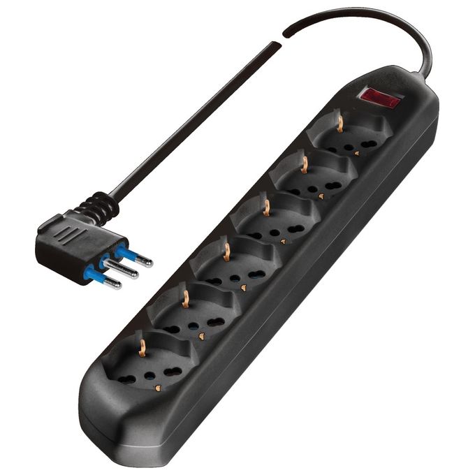 Poly Pool Presa sestupla pluristandard: italiano bivalente 10/16A 2P+T, tedesco 16A 2P+T(terra laterale), con interruttore di sicurezza, 1,5m cavo H05VV-F 3X0,75mmq con spina Salvaspazio 10A 2P+T, uscita cavo 90°, CE