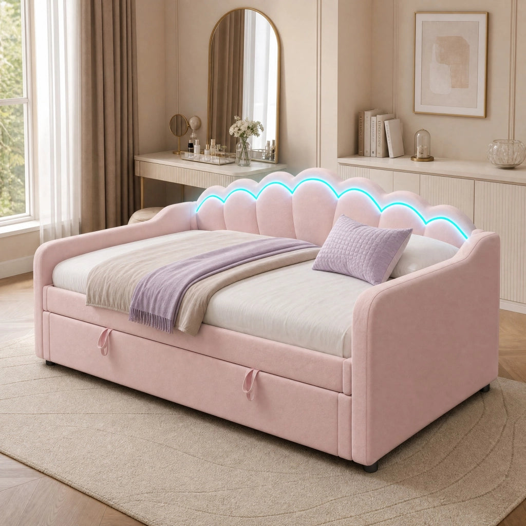 LETTO Singolo 90x200 cm in Velluto Rosa con LED e vano contenitore